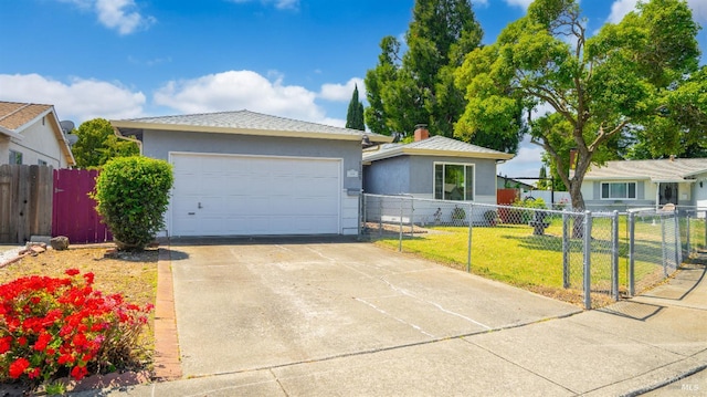 single story home featuring fence, stucco siding, a chimney, and a front lawn