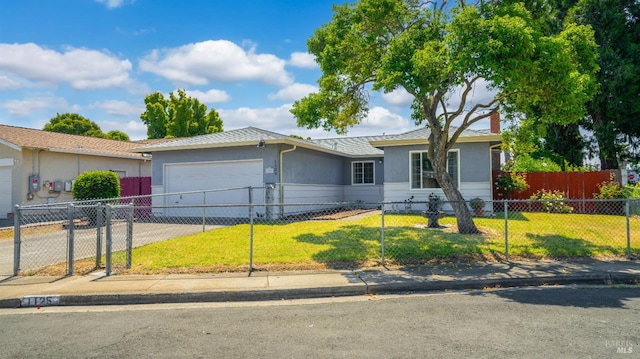 ranch-style home featuring a chimney, a fenced front yard, a front yard, a garage, and concrete driveway