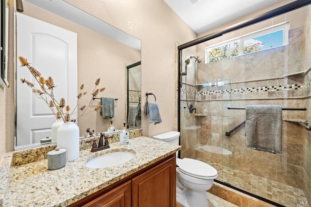 bathroom featuring vanity, a shower stall, and toilet