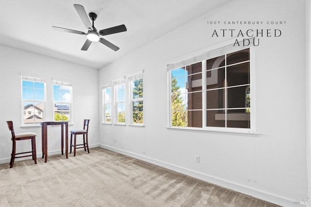 living area with baseboards, carpet, and a healthy amount of sunlight