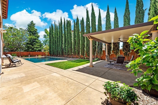view of swimming pool with a fenced backyard, a fenced in pool, and a patio