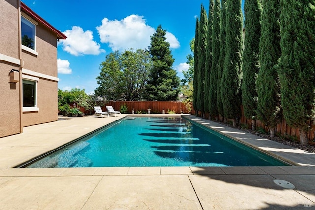 view of pool featuring a fenced in pool, a fenced backyard, and a patio area