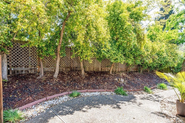 view of yard featuring fence and a patio area