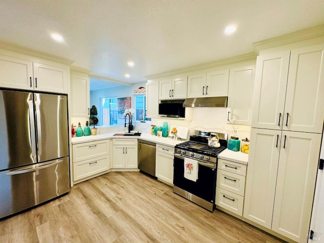 19 4th St, Richmond, CA 94801 - kitchen with appliances with stainless steel finishes, a sink, under cabinet range hood, light wood-type flooring, and light countertops