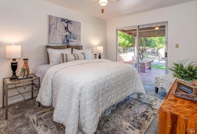bedroom with carpet floors, access to outside, and ceiling fan