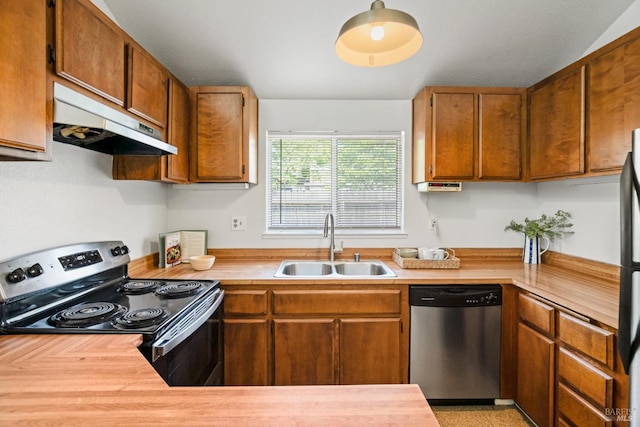 kitchen with brown cabinetry, range with electric stovetop, under cabinet range hood, a sink, and dishwasher