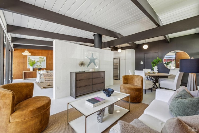 living area featuring beam ceiling and wood walls