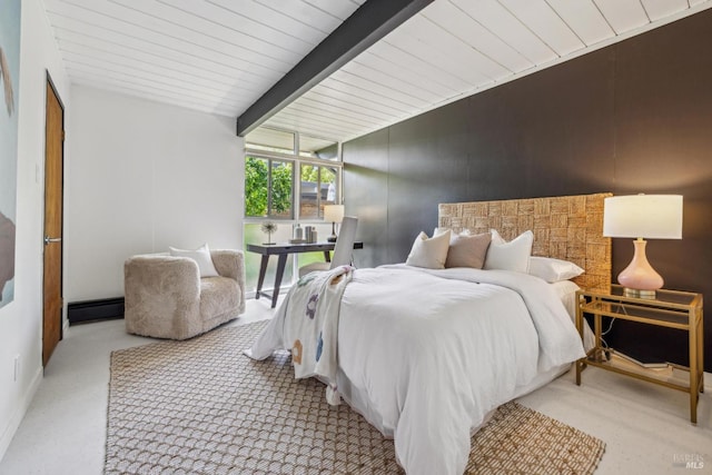 bedroom featuring floor to ceiling windows, a baseboard heating unit, wooden ceiling, and light carpet