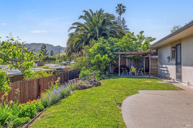 view of yard featuring a pergola, a patio, and a mountain view
