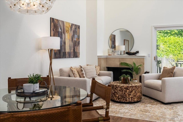 interior space with wood finished floors and a premium fireplace