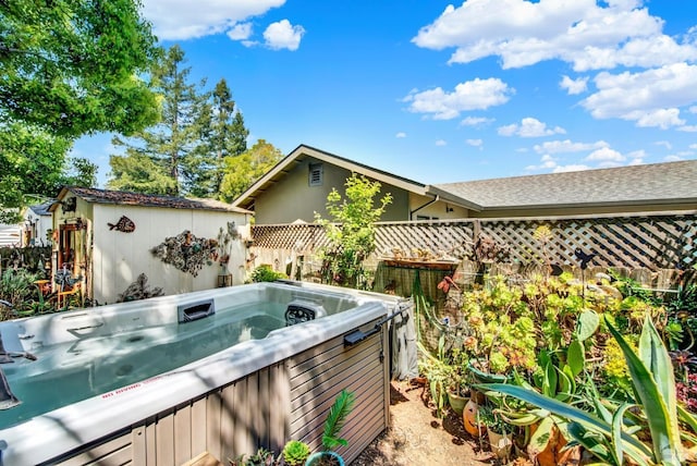 151 Randolph St, Napa, CA 94559 - exterior space with a hot tub, fence, a shingled roof, and an outbuilding