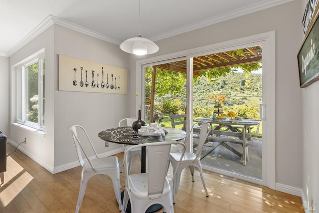 dining space with plenty of natural light, ornamental molding, baseboards, and light wood-type flooring