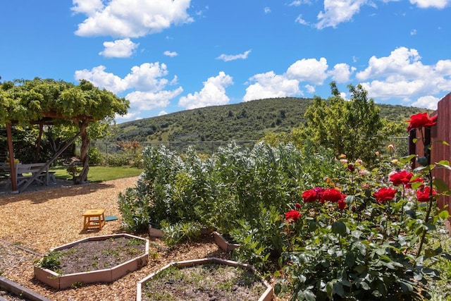view of yard featuring fence, a mountain view, and a vegetable garden