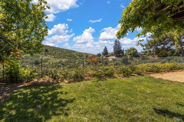 view of yard with fence and a mountain view