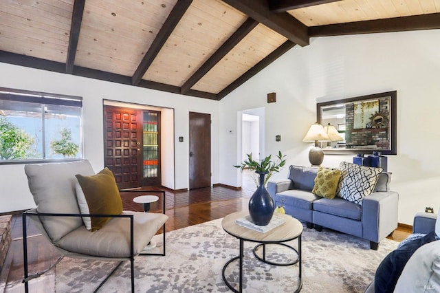 living area with wood ceiling, beamed ceiling, and wood finished floors