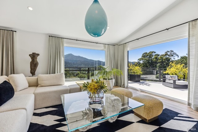 30 Corte Sereno, Greenbrae, CA 94904 - living room with vaulted ceiling, wood finished floors, recessed lighting, and a mountain view