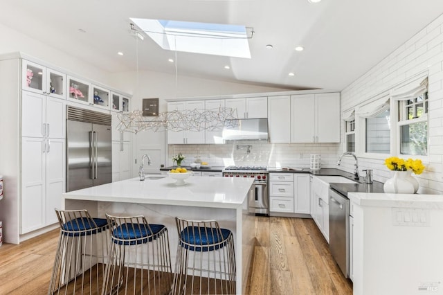 30 Corte Sereno, Greenbrae, CA 94904 - kitchen with high quality appliances, lofted ceiling, a skylight, under cabinet range hood, and a sink