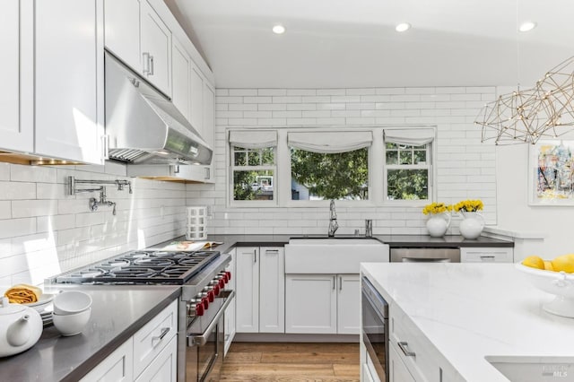 30 Corte Sereno, Greenbrae, CA 94904 - kitchen featuring stainless steel appliances, under cabinet range hood, a sink, backsplash, and white cabinetry