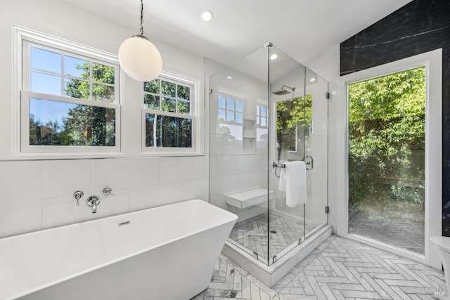 30 Corte Sereno, Greenbrae, CA 94904 - full bath featuring a shower stall, a soaking tub, recessed lighting, and tile walls