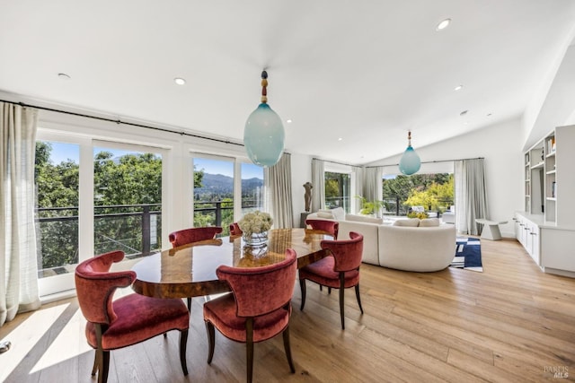 30 Corte Sereno, Greenbrae, CA 94904 - dining room featuring a mountain view, light wood-type flooring, vaulted ceiling, and recessed lighting
