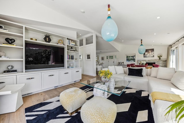 30 Corte Sereno, Greenbrae, CA 94904 - living area featuring light wood-style floors, recessed lighting, built in features, and vaulted ceiling