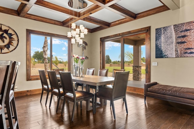 dining room with dark wood-style flooring, beam ceiling, and a notable chandelier