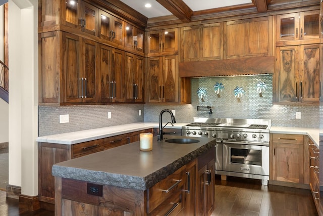 kitchen with a sink, decorative backsplash, double oven range, and dark wood-style floors