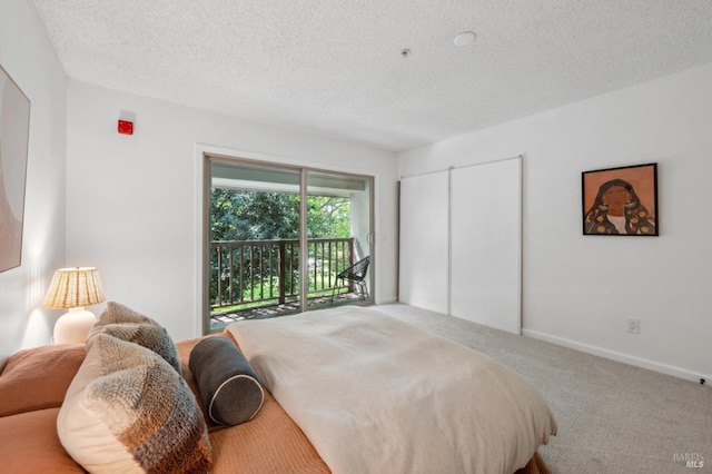 carpeted bedroom with a textured ceiling and access to exterior