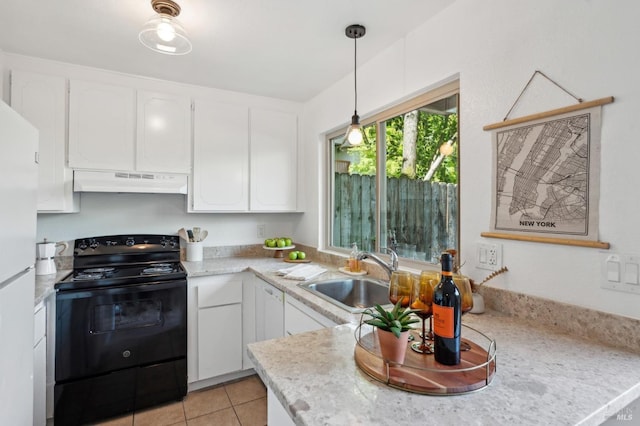 kitchen featuring electric range, a sink, light countertops, white cabinetry, and under cabinet range hood