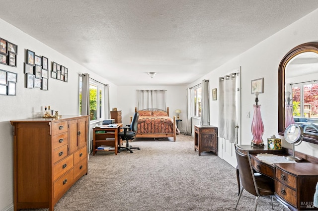 bedroom featuring carpet floors, a textured ceiling, and multiple windows