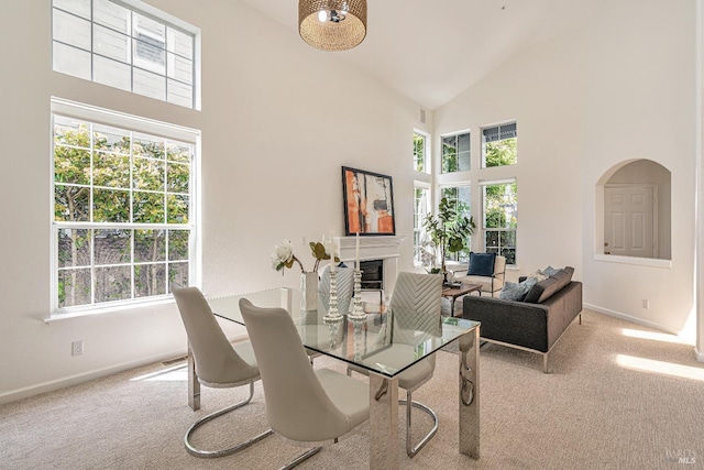 dining room with high vaulted ceiling, baseboards, and carpet