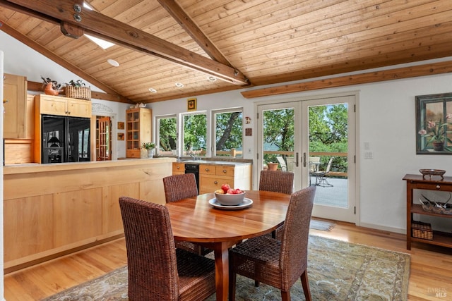 dining space with wood ceiling, french doors, light wood-type flooring, baseboards, and vaulted ceiling with beams
