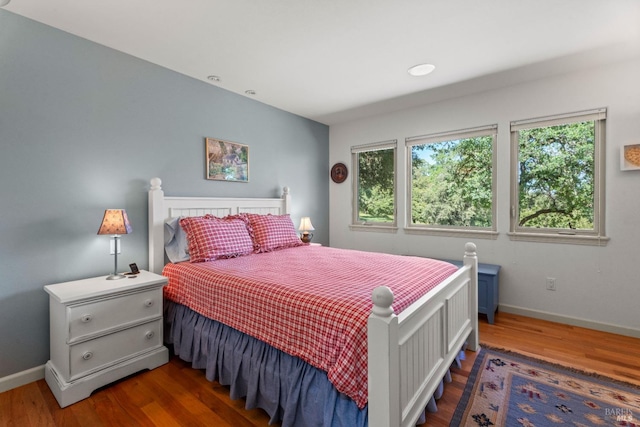 bedroom featuring baseboards, multiple windows, and wood finished floors