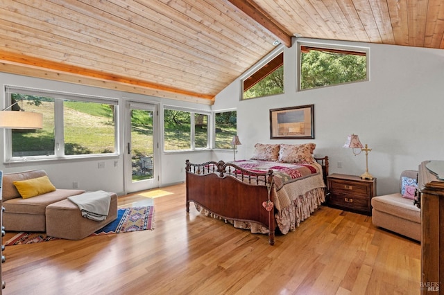 bedroom with light wood-type flooring, wood ceiling, multiple windows, and access to exterior