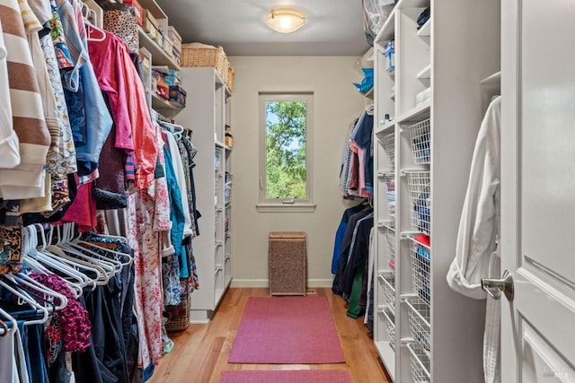 walk in closet with light wood-style floors