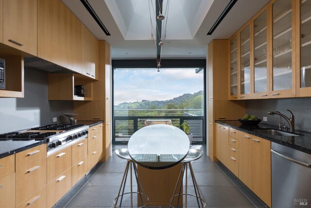 kitchen with modern cabinets, a sink, dark stone countertops, glass insert cabinets, and stainless steel appliances