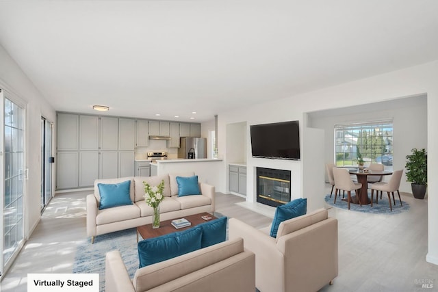 living room with a glass covered fireplace and light wood-style flooring
