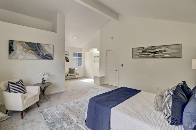 bedroom featuring arched walkways, high vaulted ceiling, beam ceiling, and light colored carpet