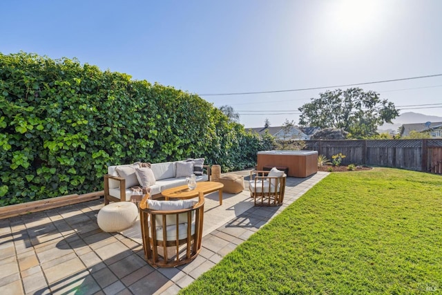 16 Tradewind Psge, Corte Madera, CA 94925 - exterior space featuring a fenced backyard, a patio, an outdoor hangout area, and a hot tub