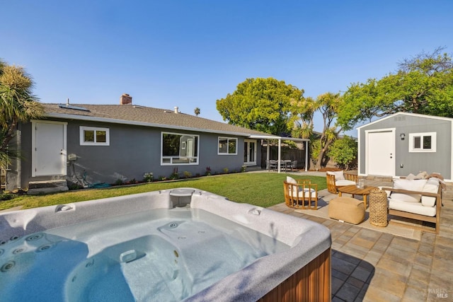 16 Tradewind Psge, Corte Madera, CA 94925 - back of house with a lawn, an outbuilding, a hot tub, a shed, and a patio