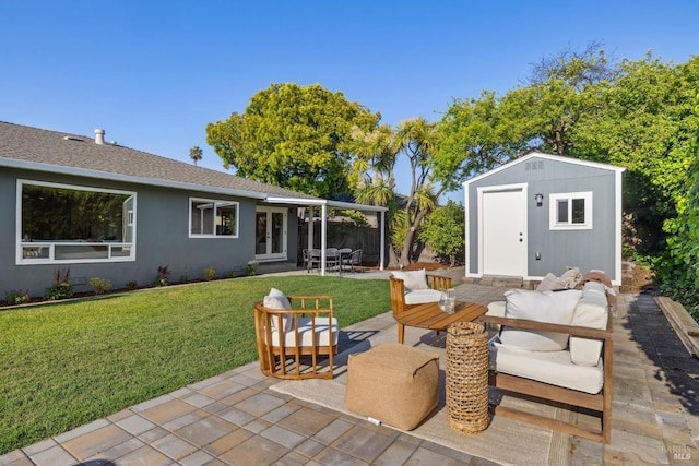16 Tradewind Psge, Corte Madera, CA 94925 - view of patio / terrace featuring a storage shed, an outbuilding, outdoor dining area, and french doors