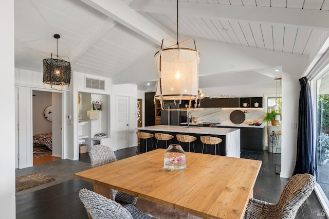 dining area with high vaulted ceiling, dark wood finished floors, wooden ceiling, beamed ceiling, and visible vents