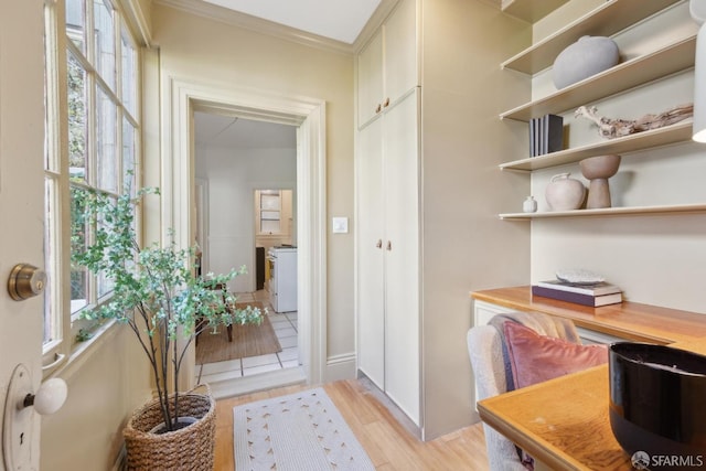 62 Walter St, San Francisco, CA 94114 - doorway to outside with a healthy amount of sunlight, crown molding, and light wood-type flooring