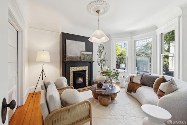 62 Walter St, San Francisco, CA 94114 - living room with a brick fireplace, baseboards, crown molding, and wood finished floors
