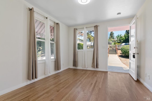 doorway with baseboards and wood finished floors