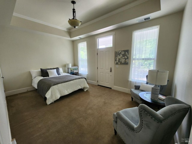 bedroom featuring multiple windows, visible vents, crown molding, a raised ceiling, and baseboards