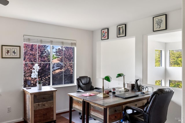 office space with baseboards, a healthy amount of sunlight, and wood finished floors