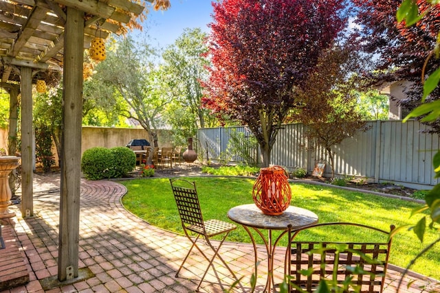 view of patio / terrace featuring a pergola and a fenced backyard