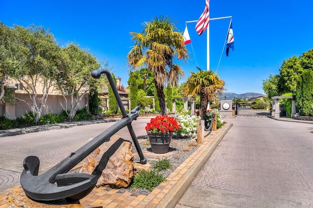 view of road featuring a mountain view, a gated entry, a gate, and curbs