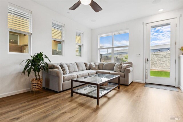 living area featuring a ceiling fan, baseboards, and wood finished floors